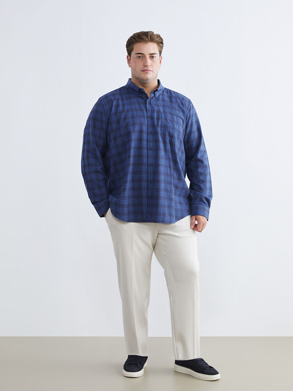 İndigo Büyük Beden Regular Fit Uzun Kollu Ekose Erkek Gömlek-1