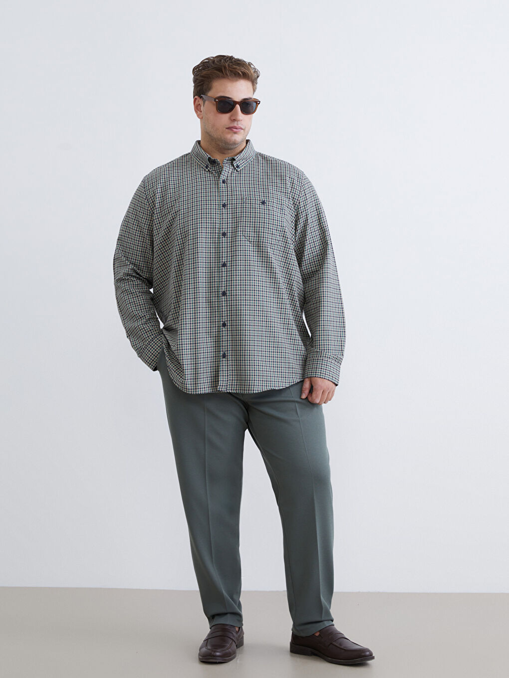 Yeşil Büyük Beden Regular Fit Uzun Kollu Ekose Erkek Gömlek-3