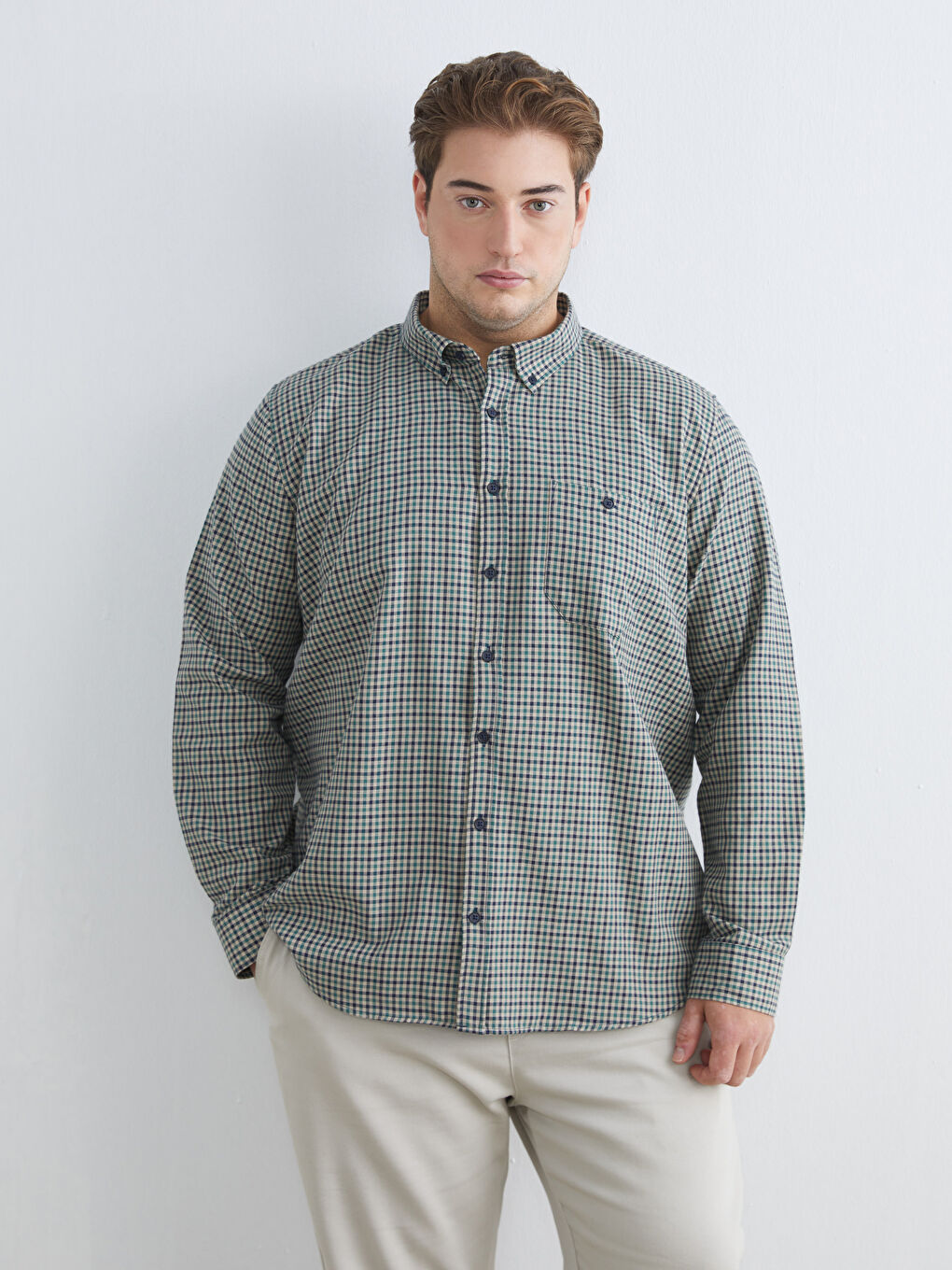 Yeşil Büyük Beden Regular Fit Uzun Kollu Ekose Erkek Gömlek-1