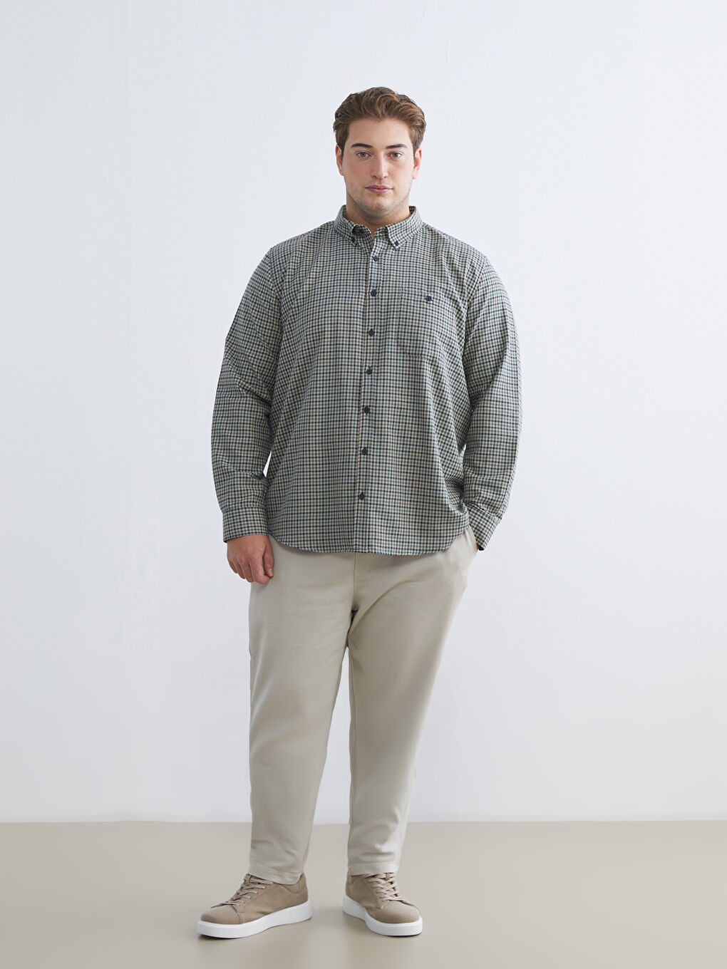 Yeşil Büyük Beden Regular Fit Uzun Kollu Ekose Erkek Gömlek-2