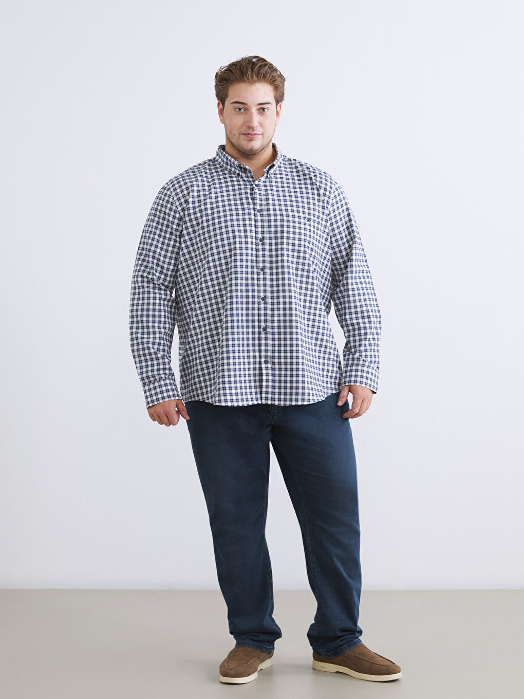 Lacivert Büyük Beden Regular Fit Uzun Kollu Ekose Erkek Gömlek-1