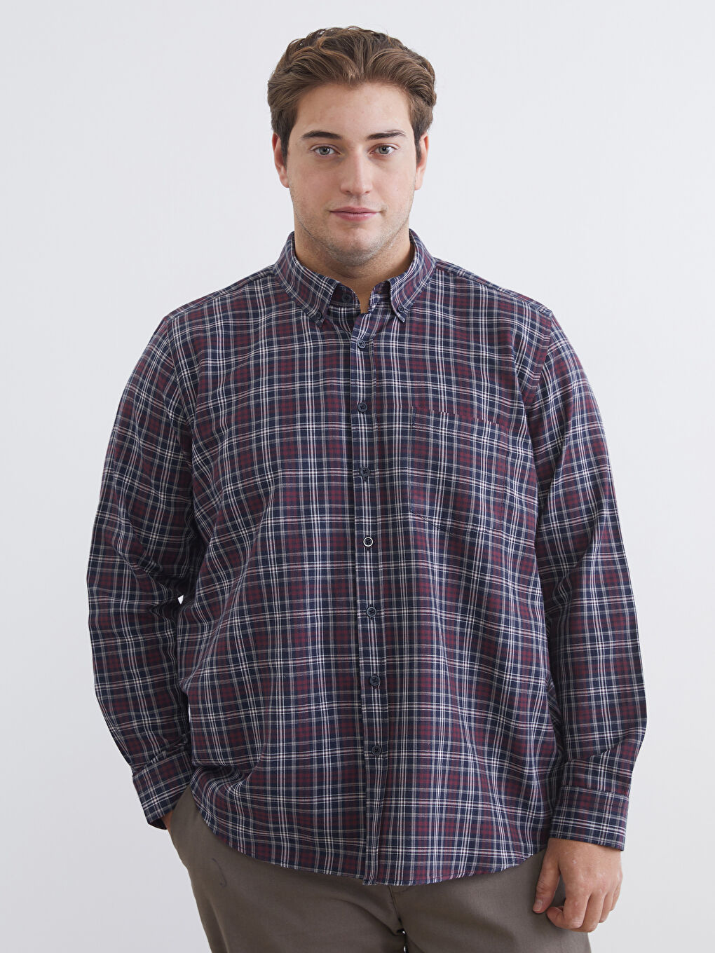 Bordo Büyük Beden Regular Fit Uzun Kollu Ekose Gabardin Erkek Gömlek