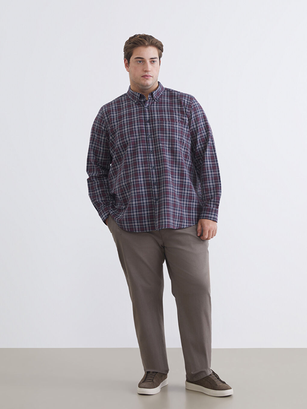 Bordo Büyük Beden Regular Fit Uzun Kollu Ekose Gabardin Erkek Gömlek-1