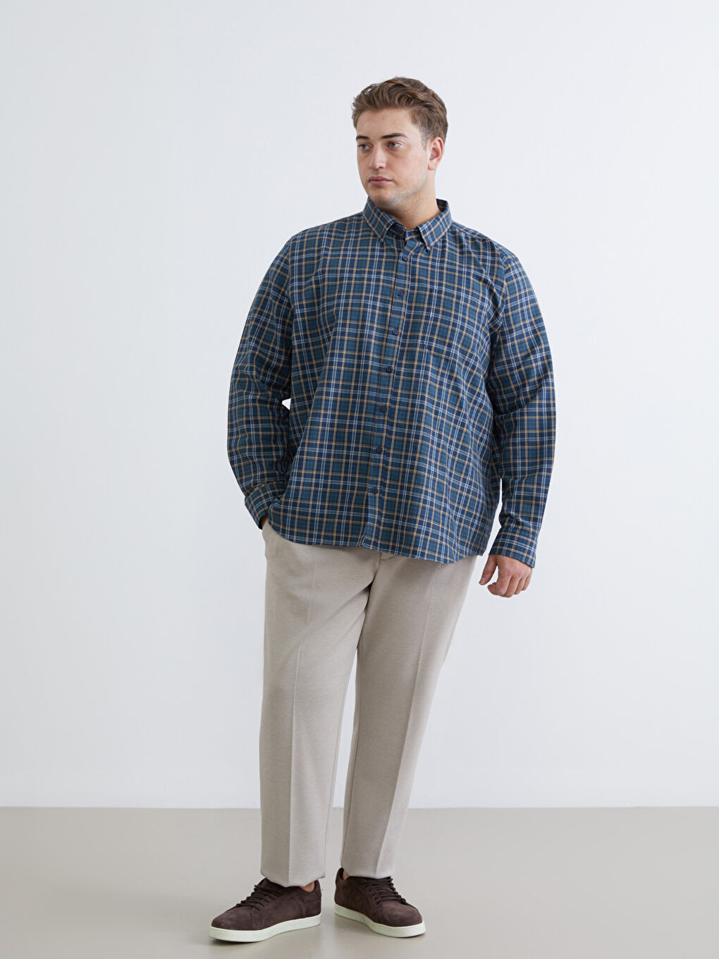 Yeşil Büyük Beden Regular Fit Uzun Kollu Ekose Gabardin Erkek Gömlek-1