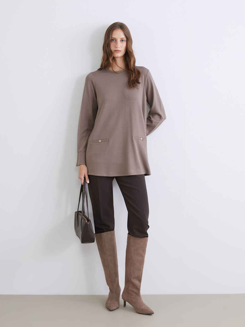 Kahverengi Bisiklet Yaka Kadın Tunik-1