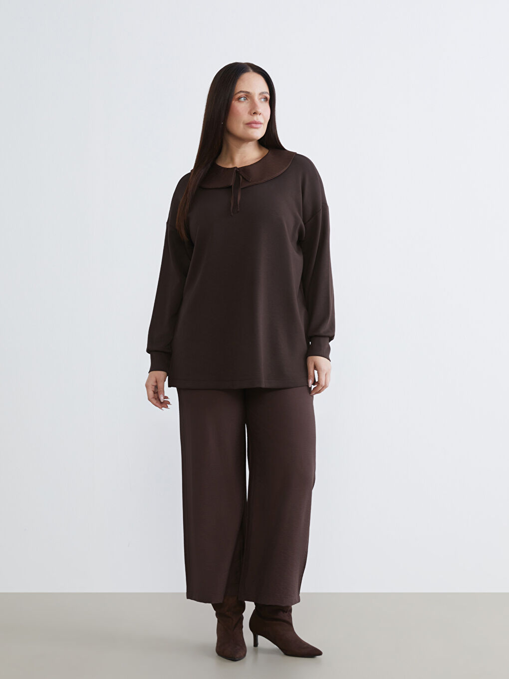 Kahverengi Bebe Yaka Oversize Kadın Sweatshirt Tunik-6