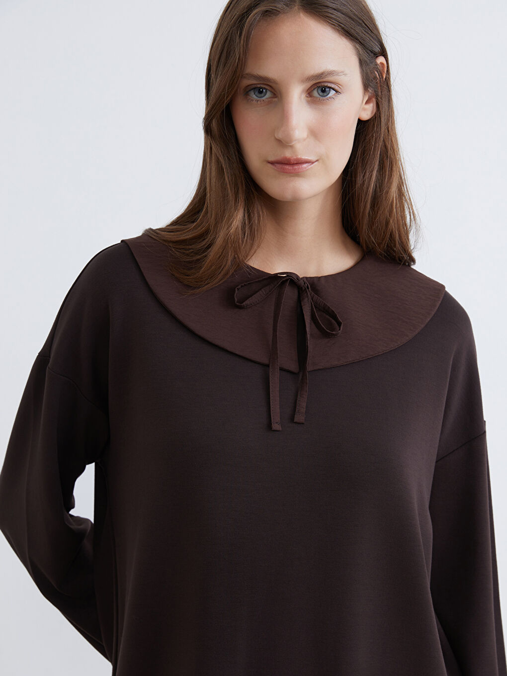 Kahverengi Bebe Yaka Oversize Kadın Sweatshirt Tunik