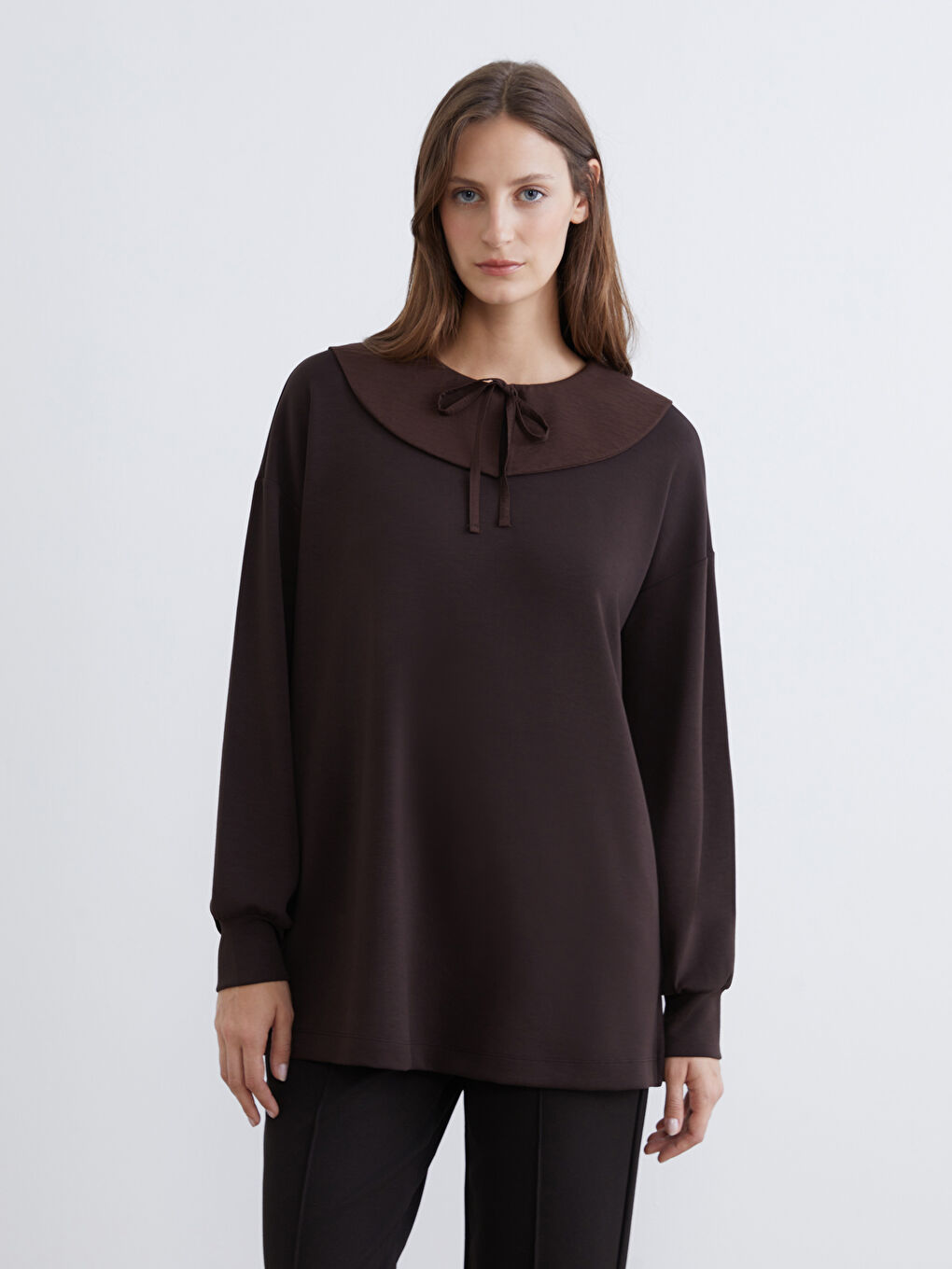 Kahverengi Bebe Yaka Oversize Kadın Sweatshirt Tunik-2