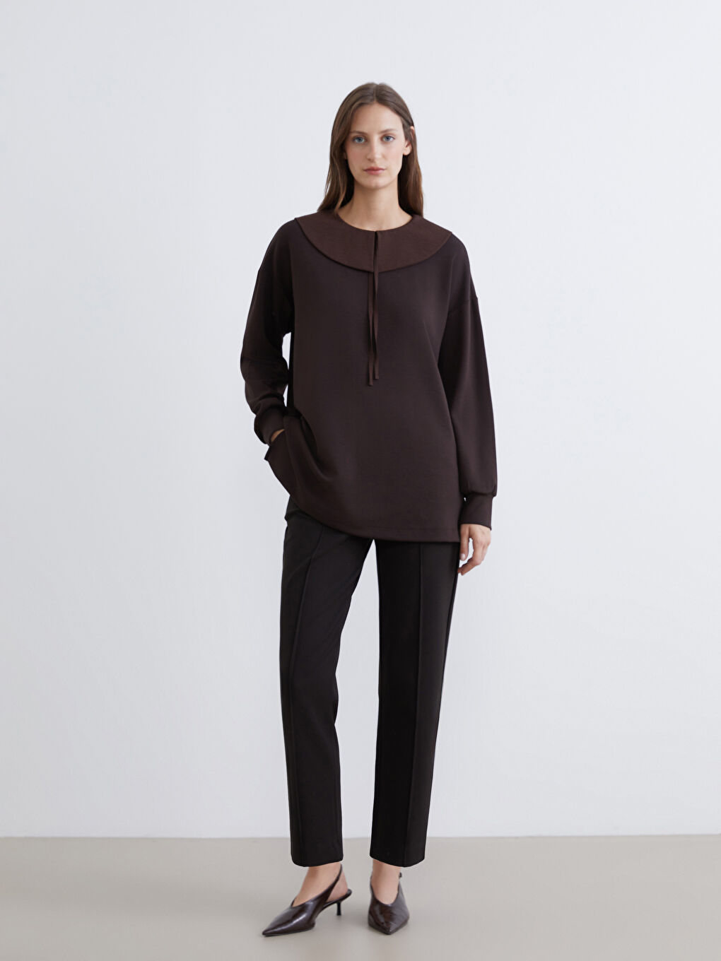 Kahverengi Bebe Yaka Oversize Kadın Sweatshirt Tunik-3