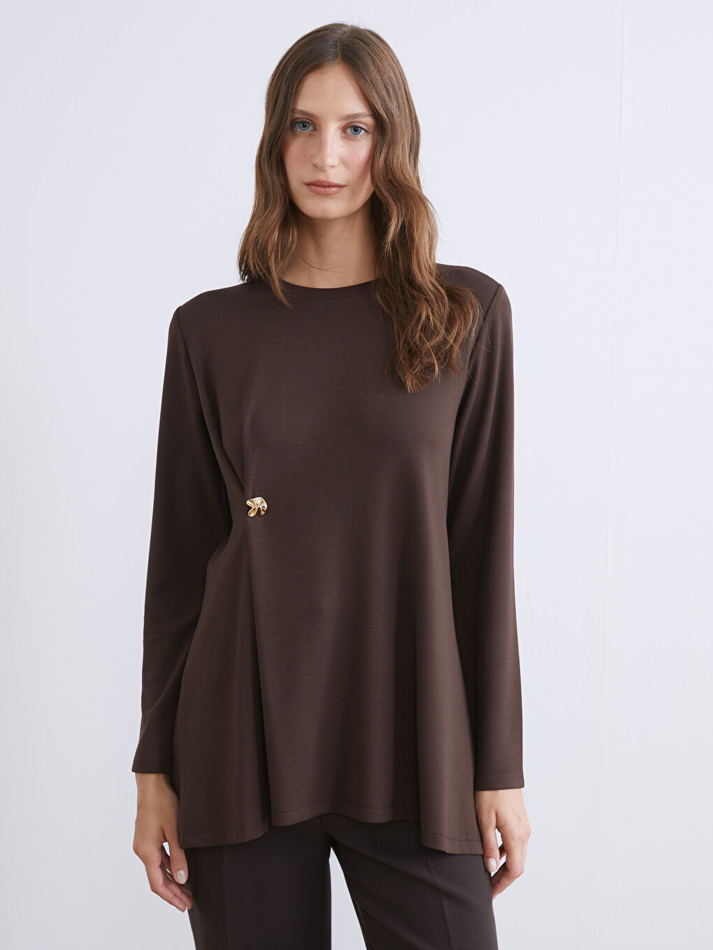 Kahverengi Bisiklet Yaka Büzgülü Kadın Tunik