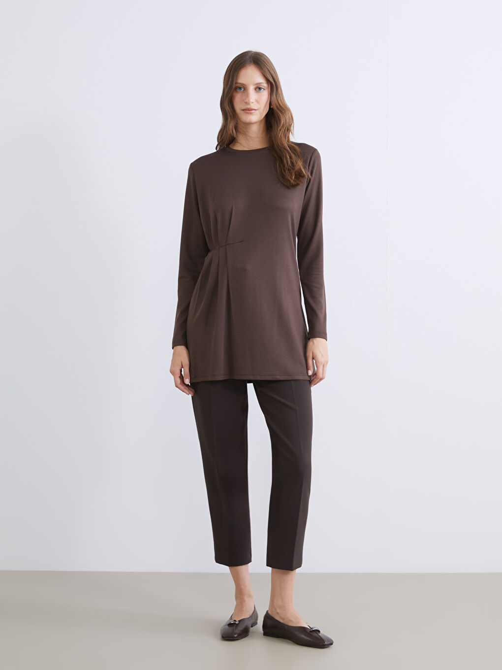 Kahverengi Bisiklet Yaka Büzgülü Kadın Tunik-2