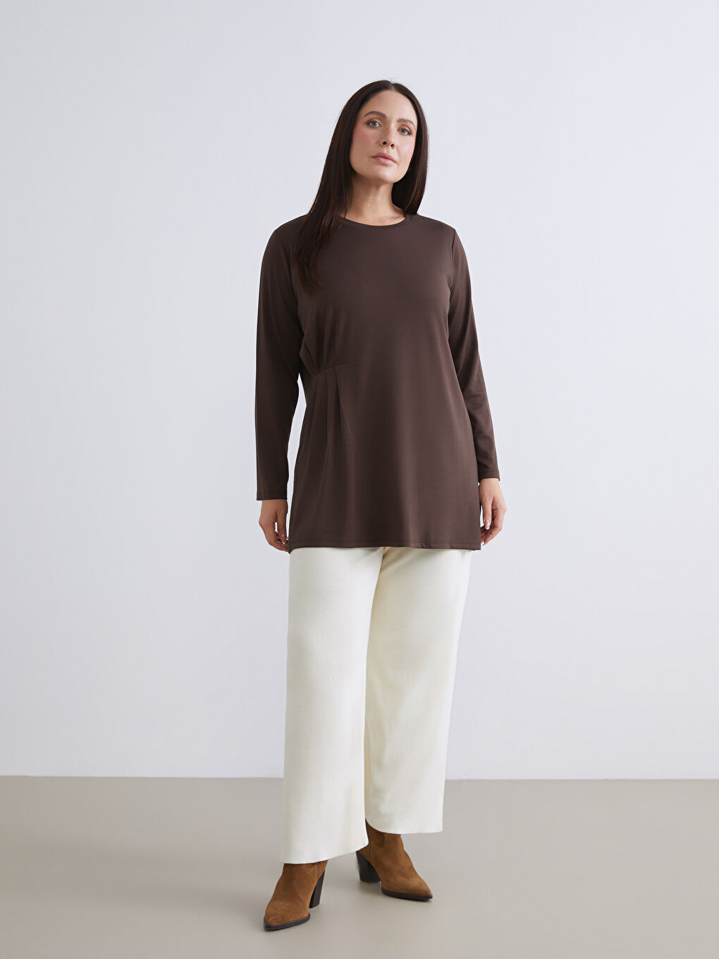 Kahverengi Bisiklet Yaka Büzgülü Kadın Tunik-5