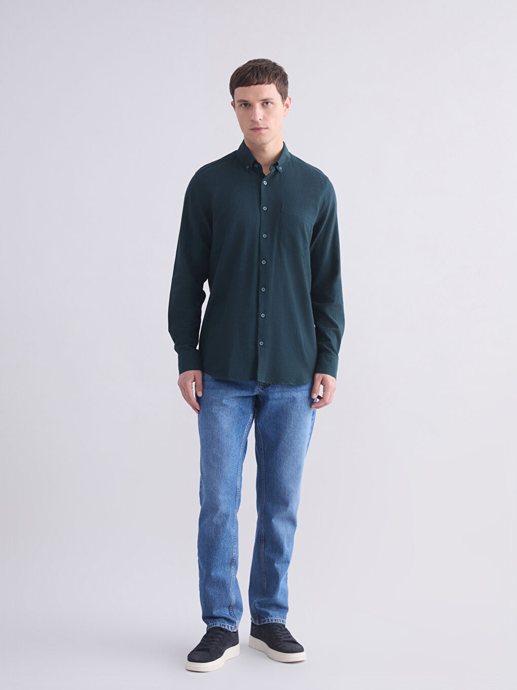 Yeşil Regular Fit Uzun Kollu Erkek Gömlek-1