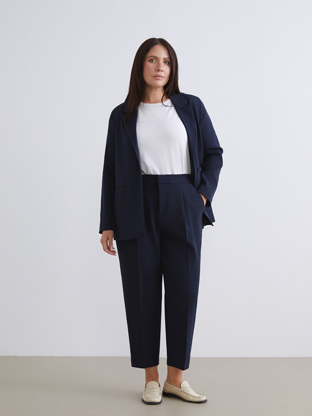 Lacivert Beli Lastikli Kadın Pileli Pantolon-1