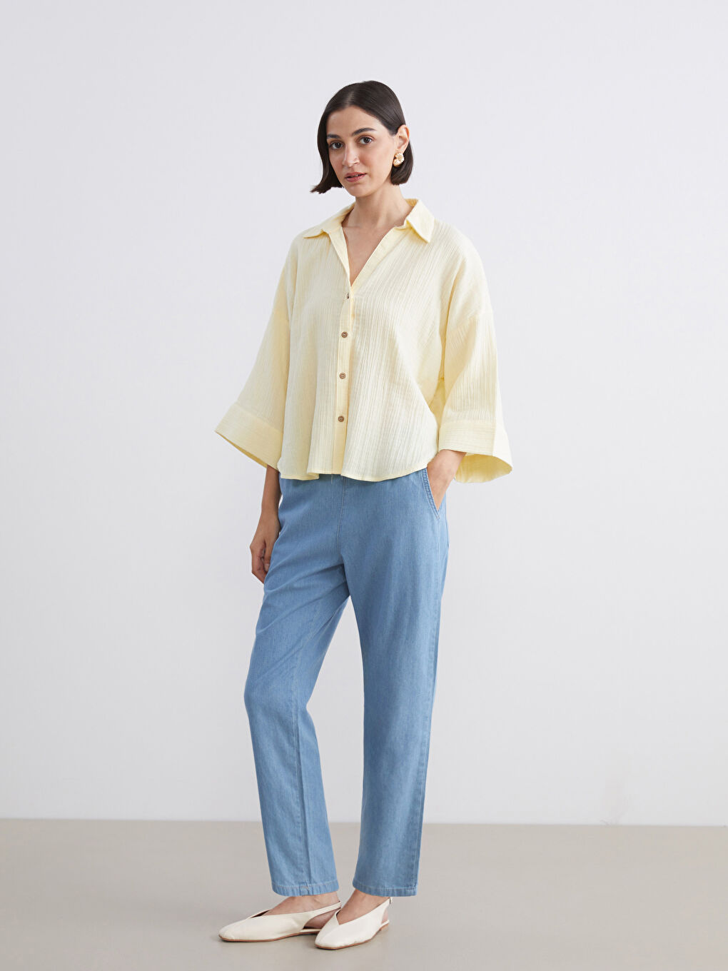 Sarı Dokulu Oversize Kadın Gömlek-1