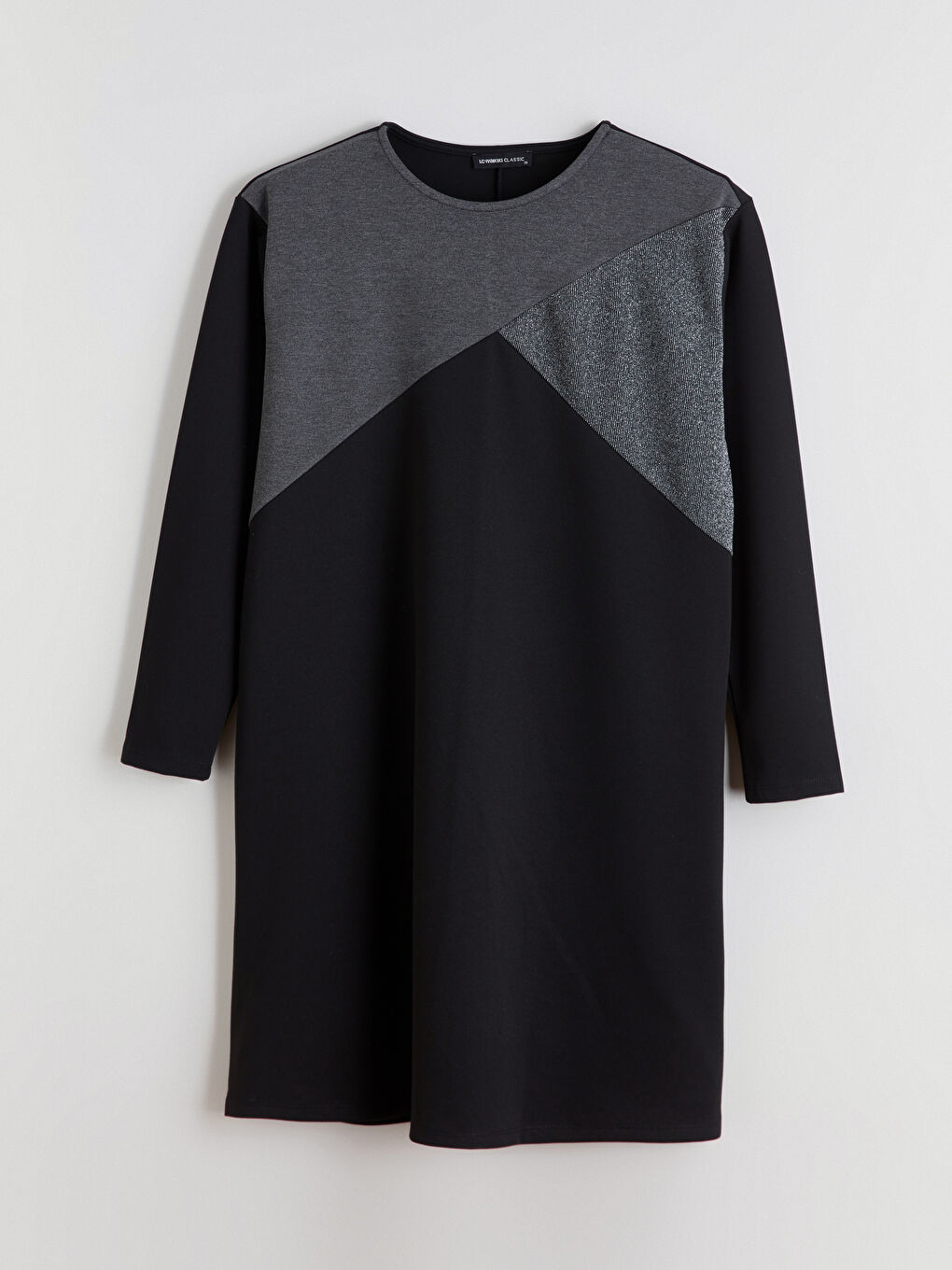 Siyah Bisiklet Yaka Renk Bloklu Elbise-4