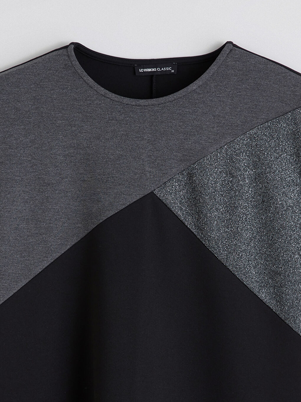 Siyah Bisiklet Yaka Renk Bloklu Elbise-5