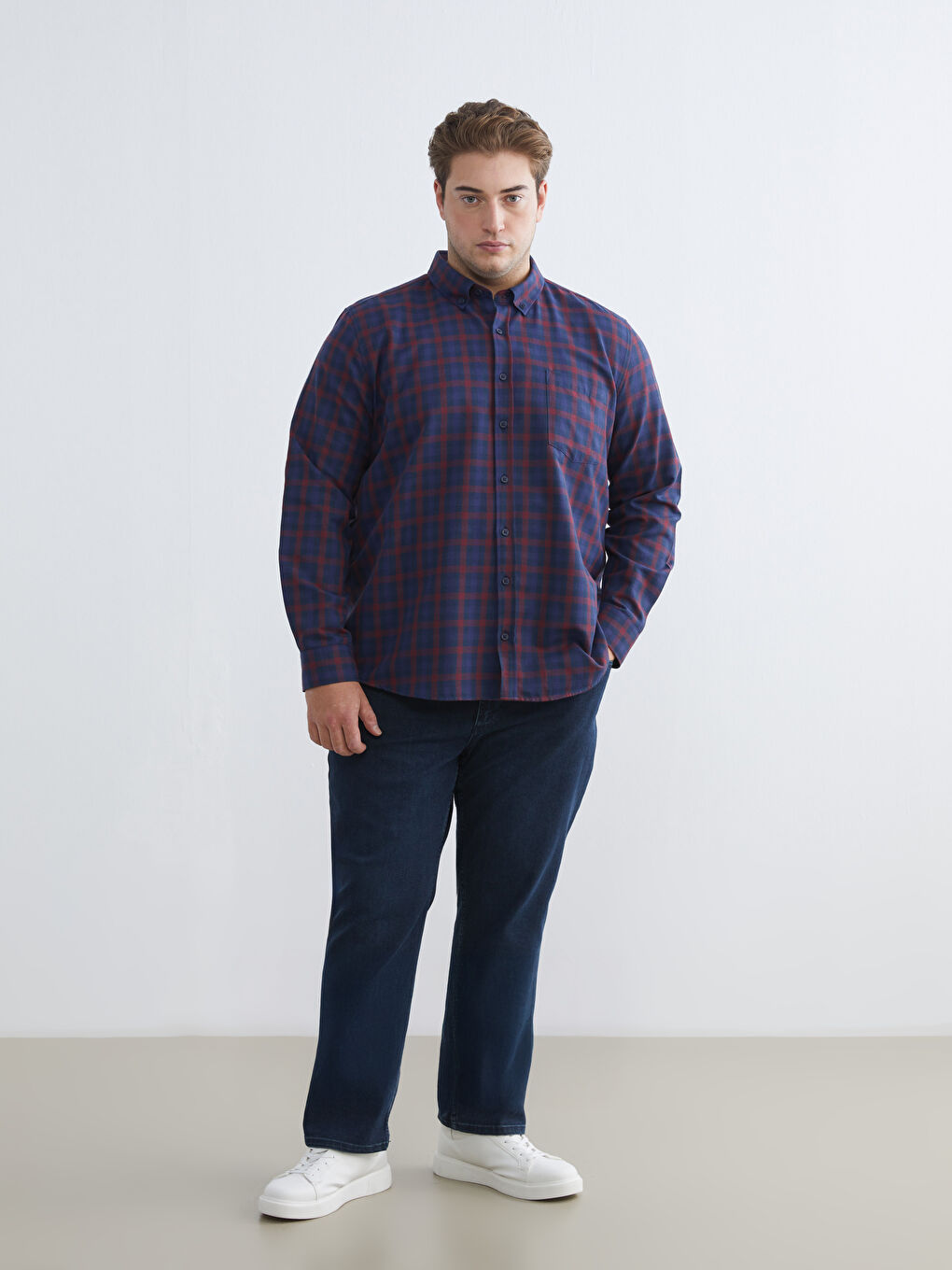 Bordo Büyük Beden Regular Fit Uzun Kollu Ekose Erkek Gömlek-1