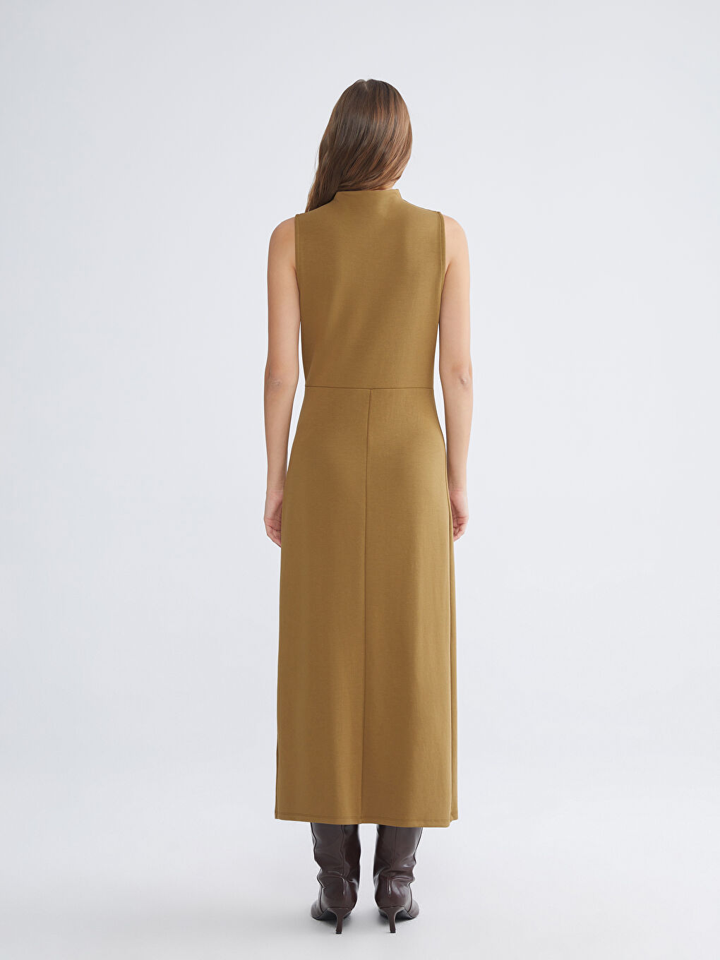 Yeşil Dik Yaka Yırtmaçlı Büzgülü Elbise-3