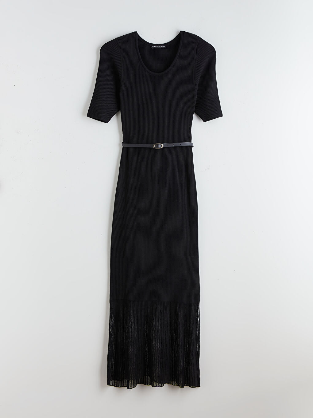 Siyah U Yaka Fitilli Kemerli Elbise-4