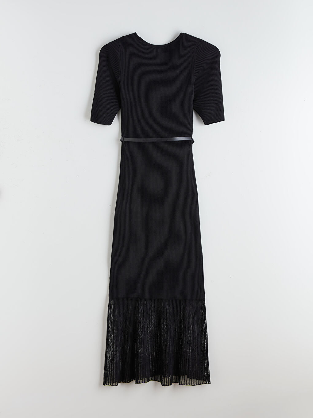 Siyah U Yaka Fitilli Kemerli Elbise-5