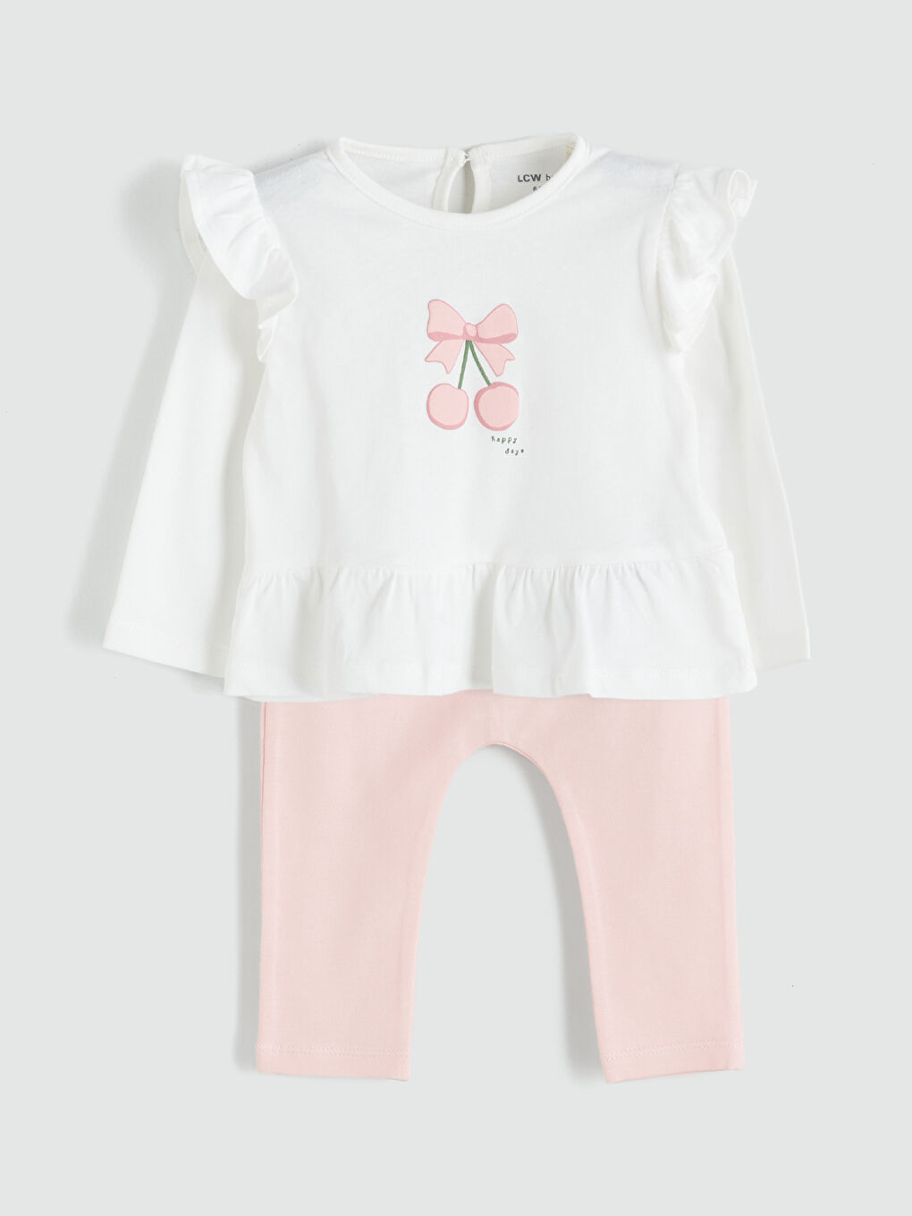 Ekru Bisiklet Yaka Baskılı Kız Bebek Bluz ve Tayt 2'li