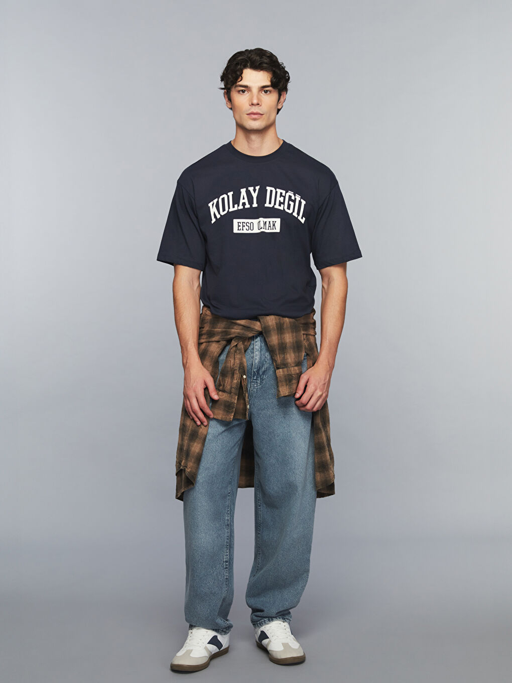 Lacivert Bisiklet Yaka Slogan Baskılı Penye Erkek Tişört-1