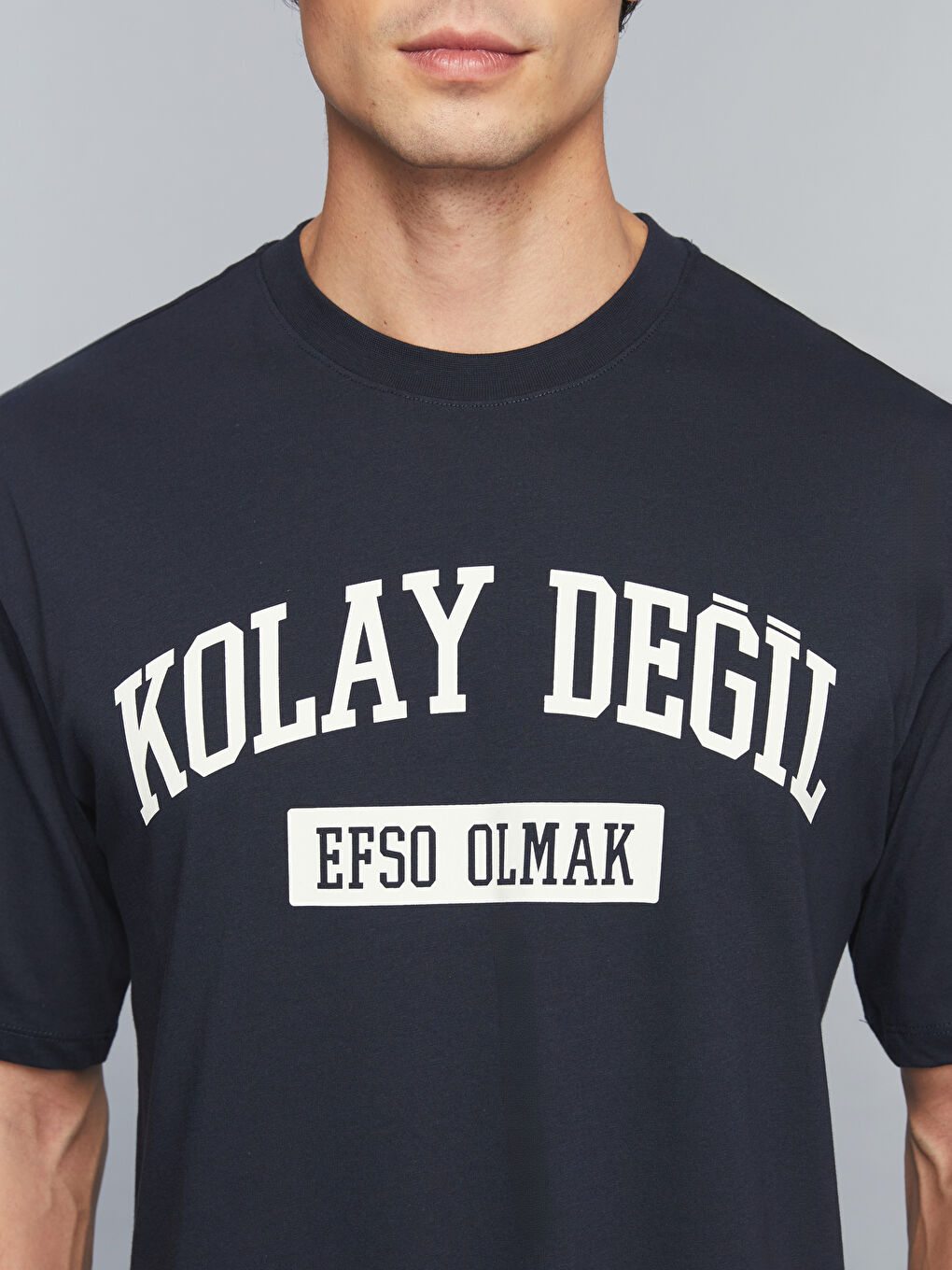 Lacivert Bisiklet Yaka Slogan Baskılı Penye Erkek Tişört-2