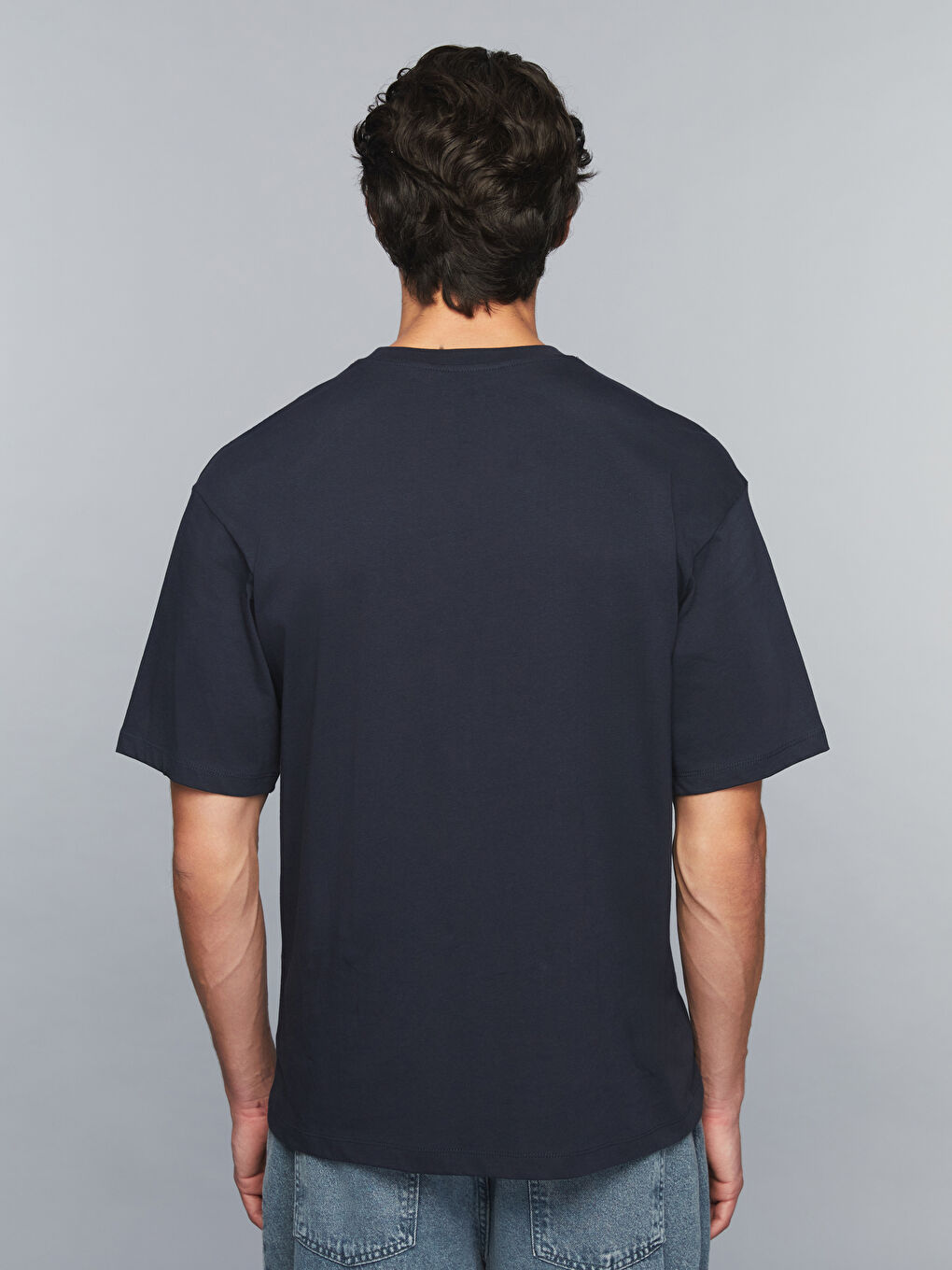 Lacivert Bisiklet Yaka Slogan Baskılı Penye Erkek Tişört-3