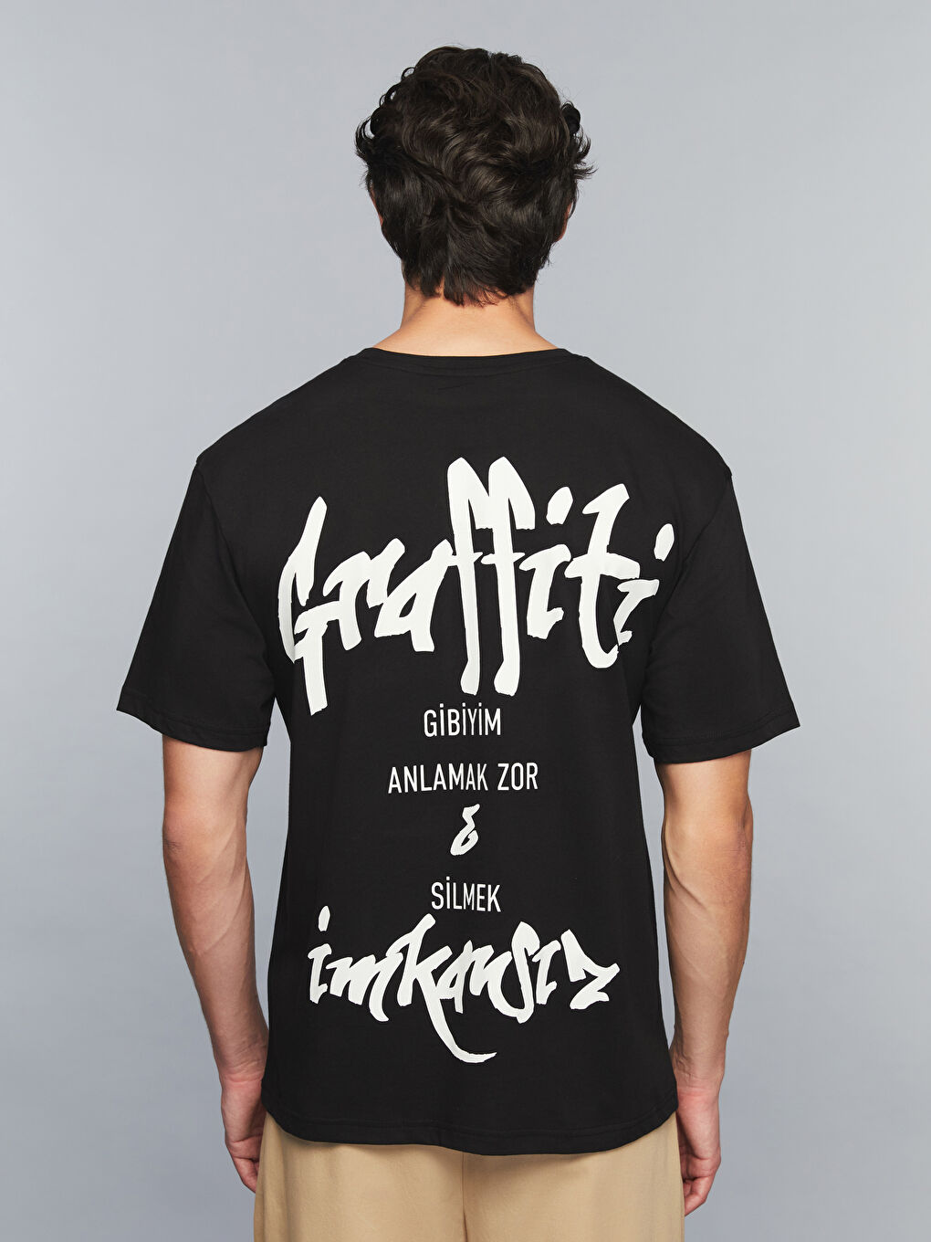 Siyah Bisiklet Yaka Slogan Baskılı Penye Erkek Tişört-4