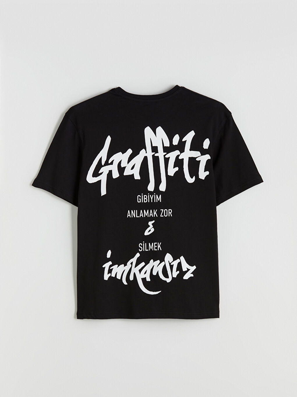 Siyah Bisiklet Yaka Slogan Baskılı Penye Erkek Tişört-6