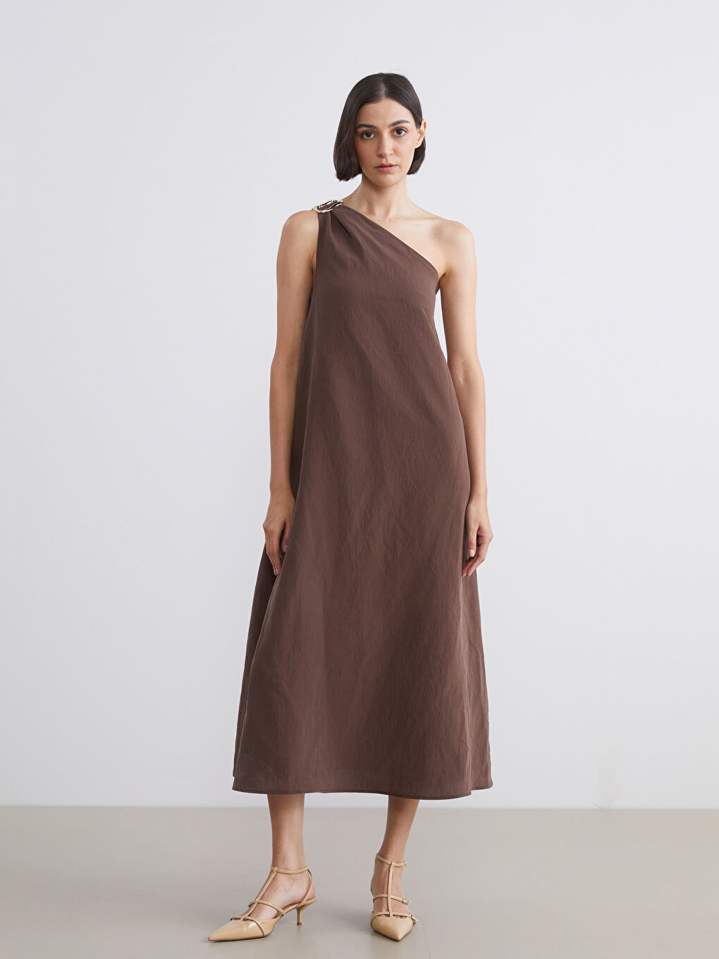 Kahverengi Tek Omuz Modal Karışımlı A Kesim Elbise-1