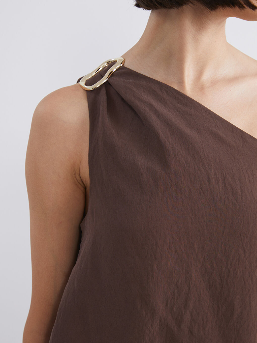 Kahverengi Tek Omuz Modal Karışımlı A Kesim Elbise-2