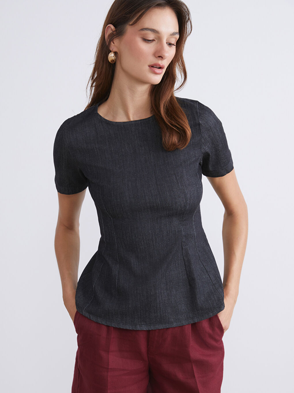 Siyah Bisiklet Yaka Peplum Jean Bluz