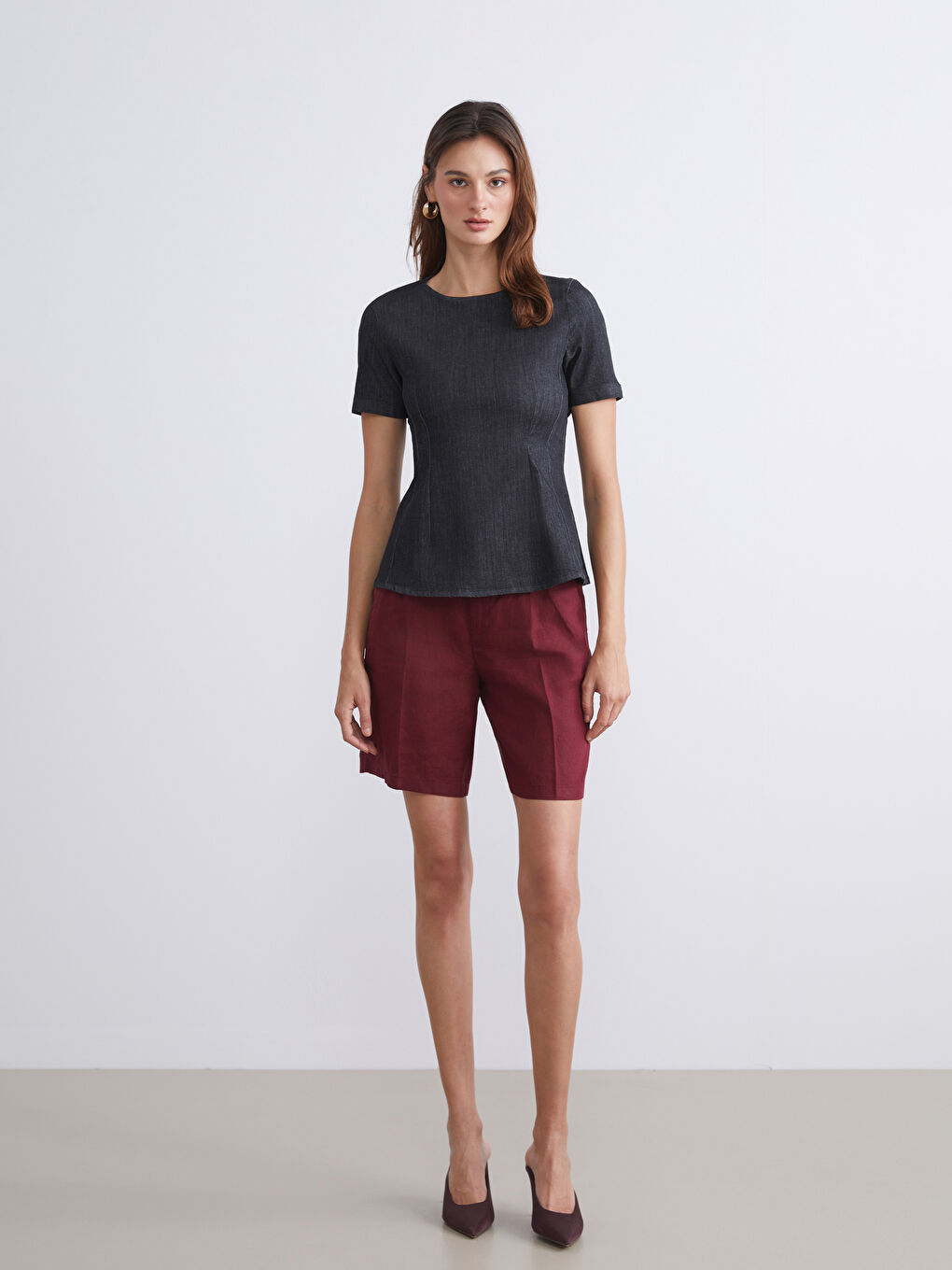 Siyah Bisiklet Yaka Peplum Jean Bluz-1