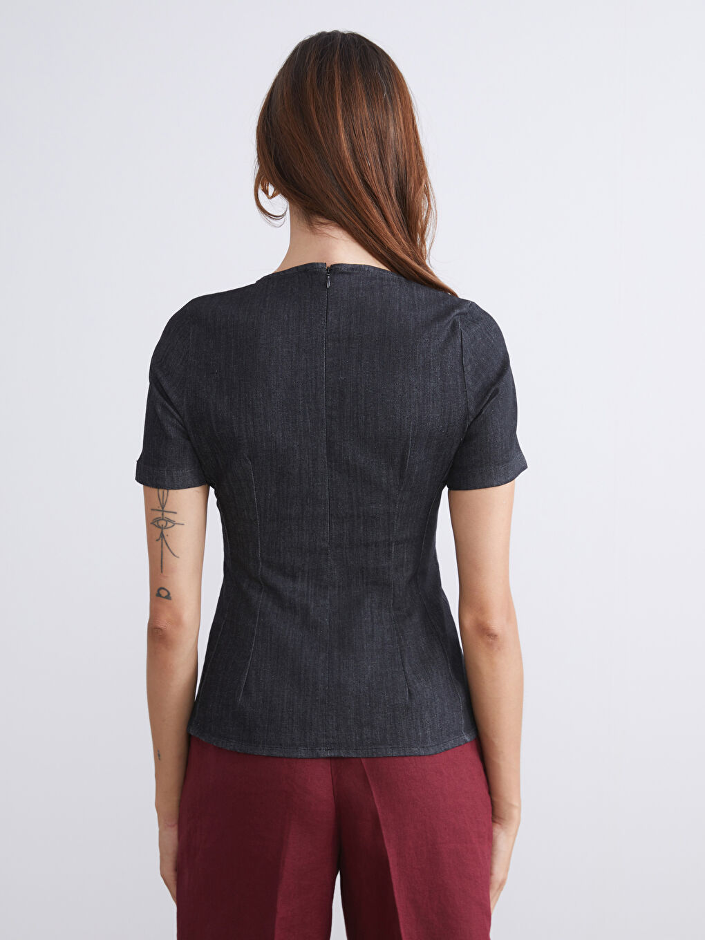 Siyah Bisiklet Yaka Peplum Jean Bluz-3