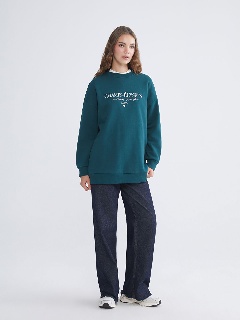 Yeşil Paris Baskılı Kadın Kalın Sweatshirt Tunik-1