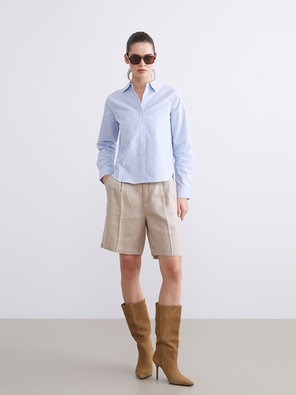 Kahverengi Loose Fit %100 Keten Kadın Pileli Şort