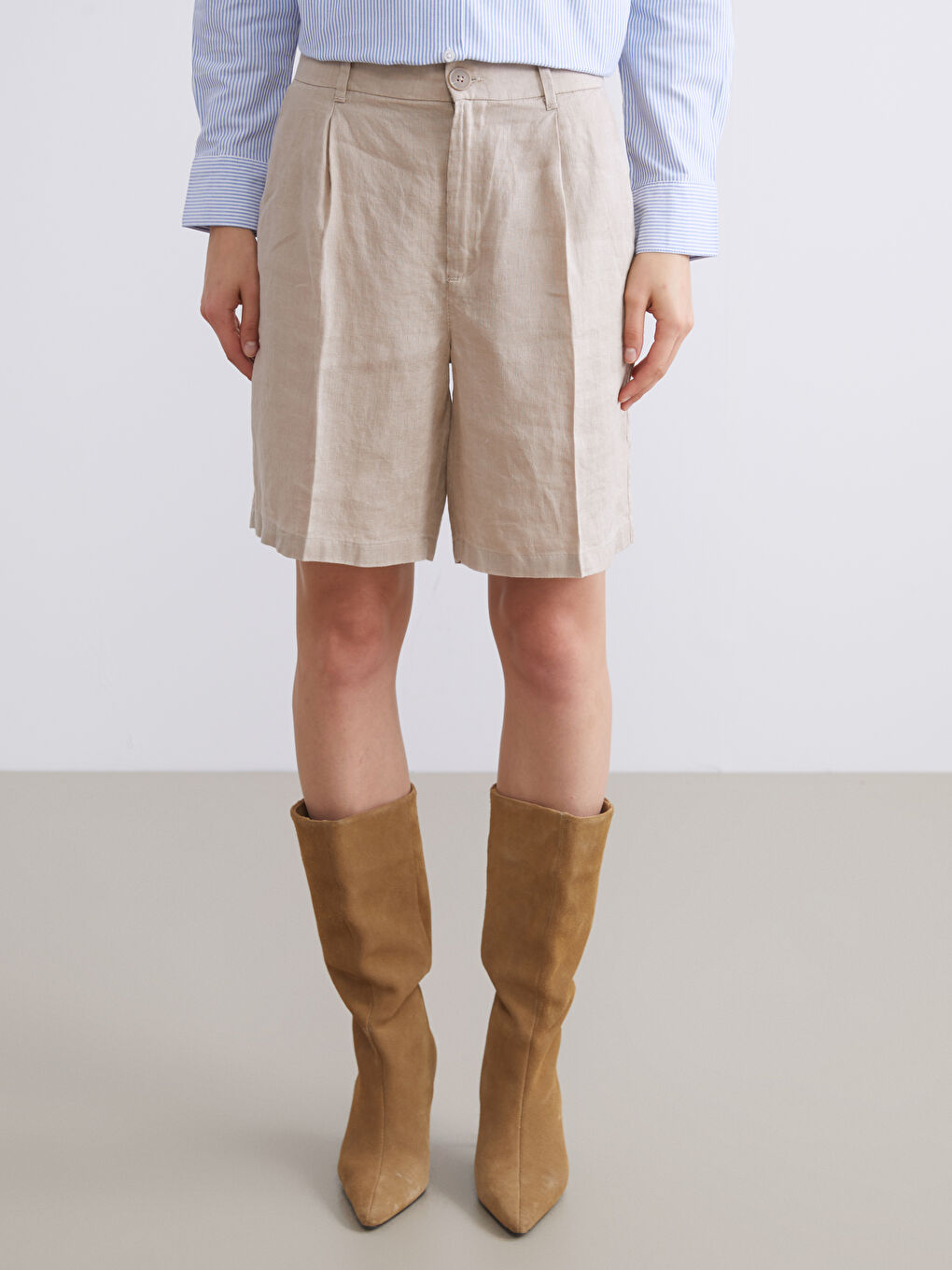 Kahverengi Loose Fit %100 Keten Kadın Pileli Şort-1