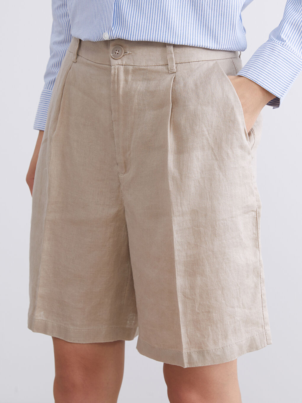 Kahverengi Loose Fit %100 Keten Kadın Pileli Şort-2