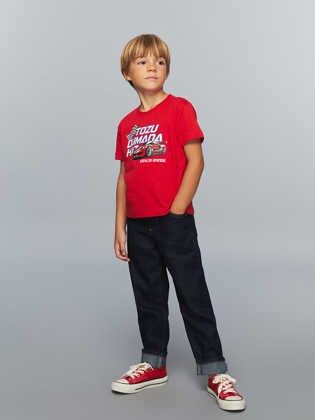 Kırmızı Bisiklet Yaka Baskılı Erkek Çocuk Tişört-1