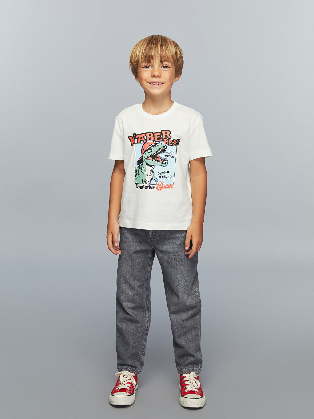 Ekru Bisiklet Yaka Dinozor Baskılı Erkek Çocuk Tişört-1