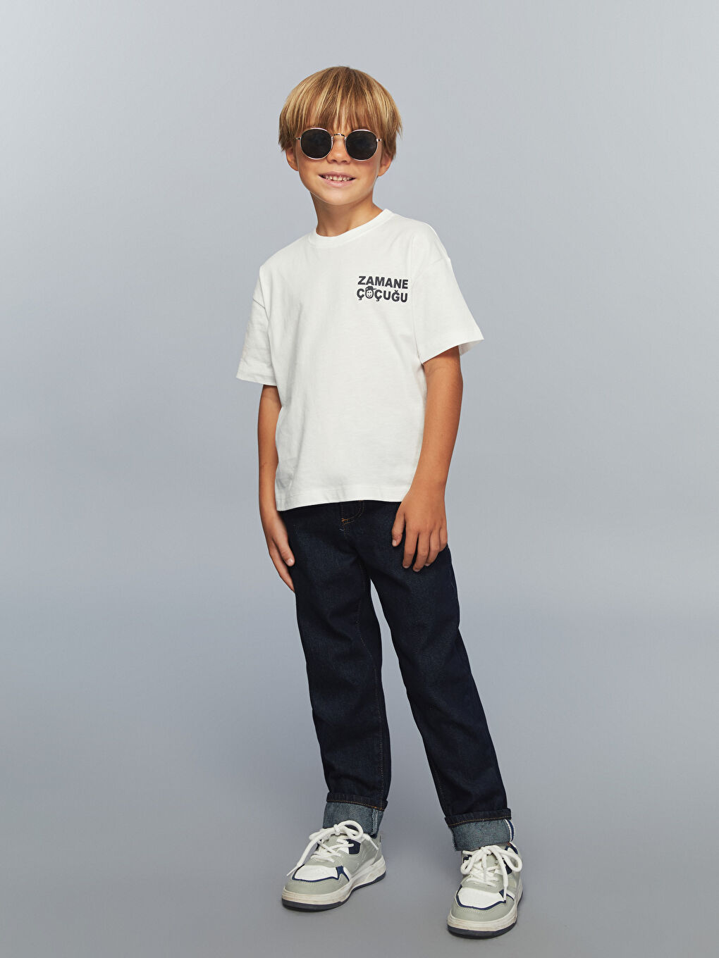 Ekru Bisiklet Yaka Slogan Baskılı Erkek Çocuk Tişört-1