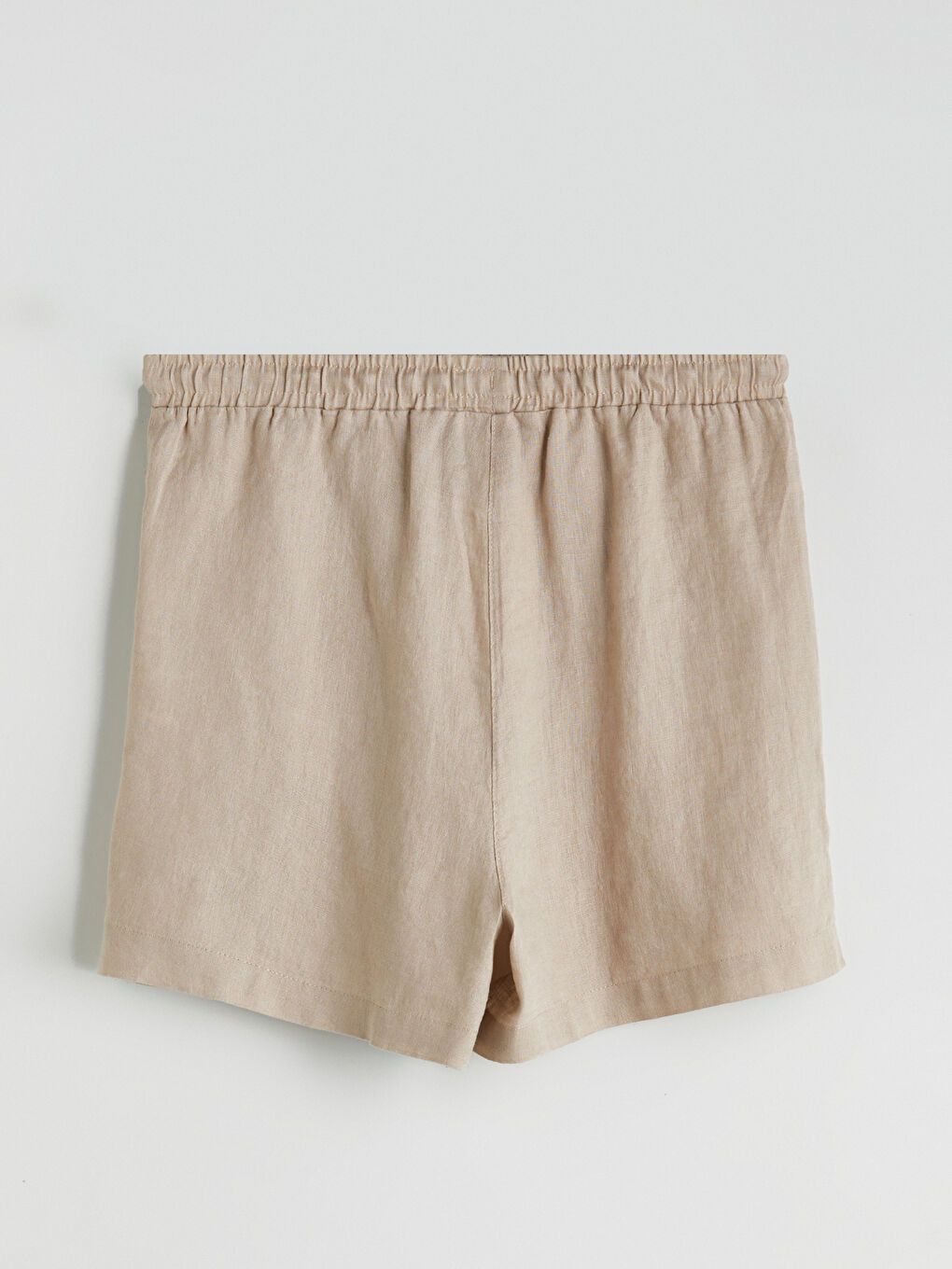 Kahverengi Beli Lastikli %100 Keten Kadın Şort-5