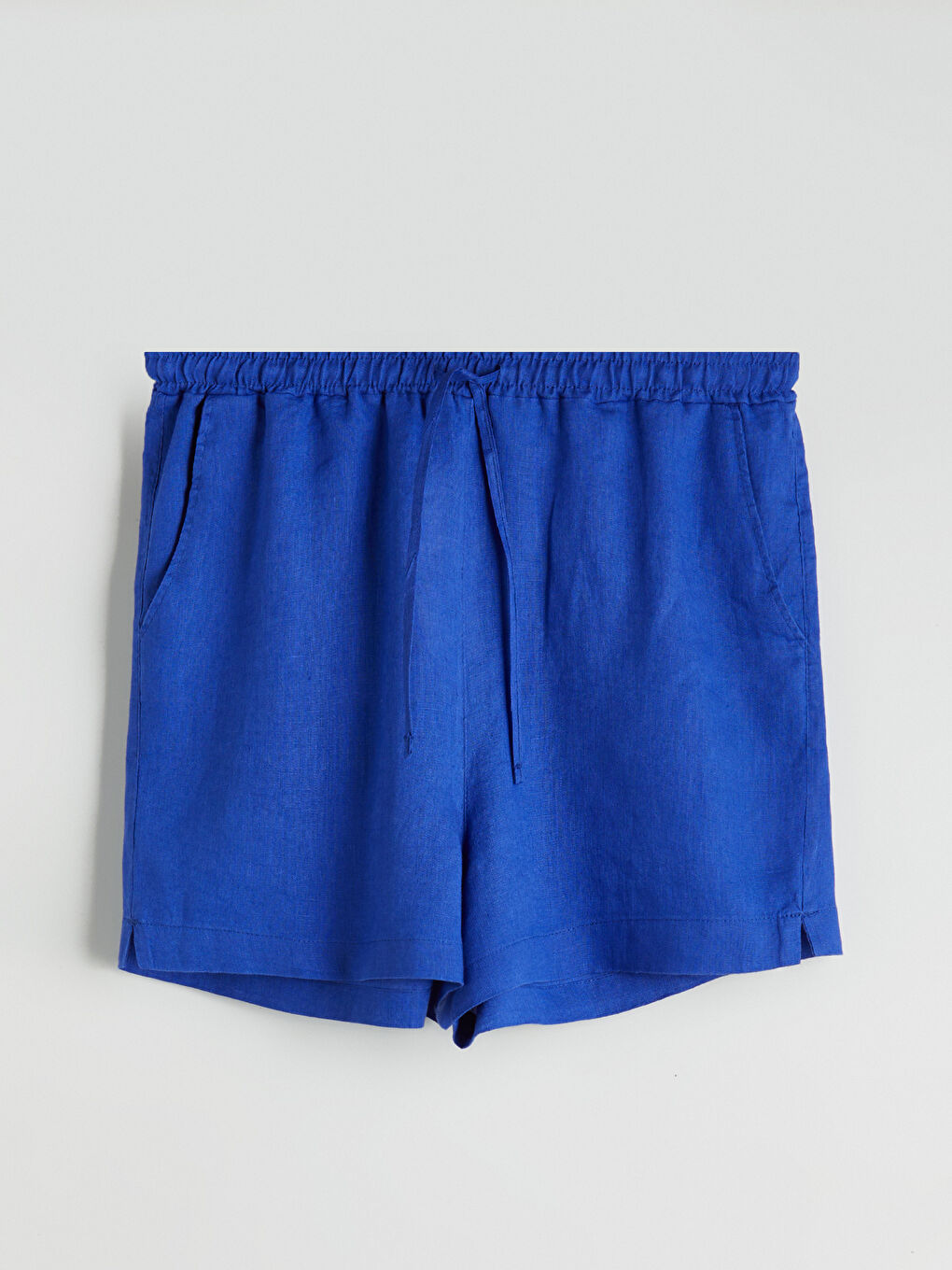 Mavi Beli Lastikli %100 Keten Kadın Şort-4