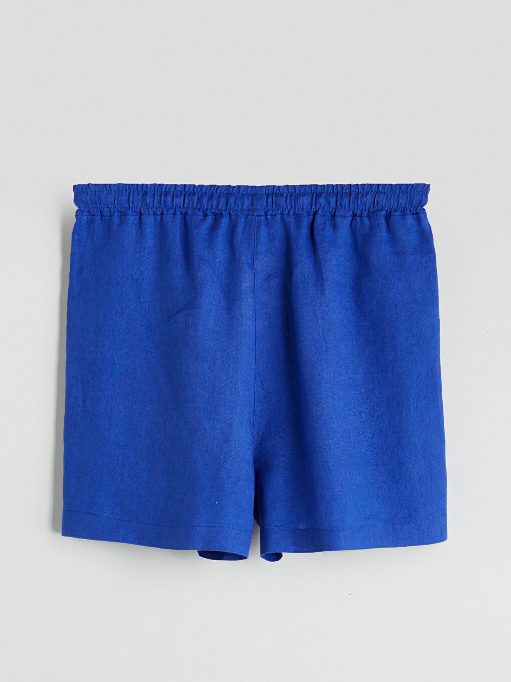 Mavi Beli Lastikli %100 Keten Kadın Şort-5