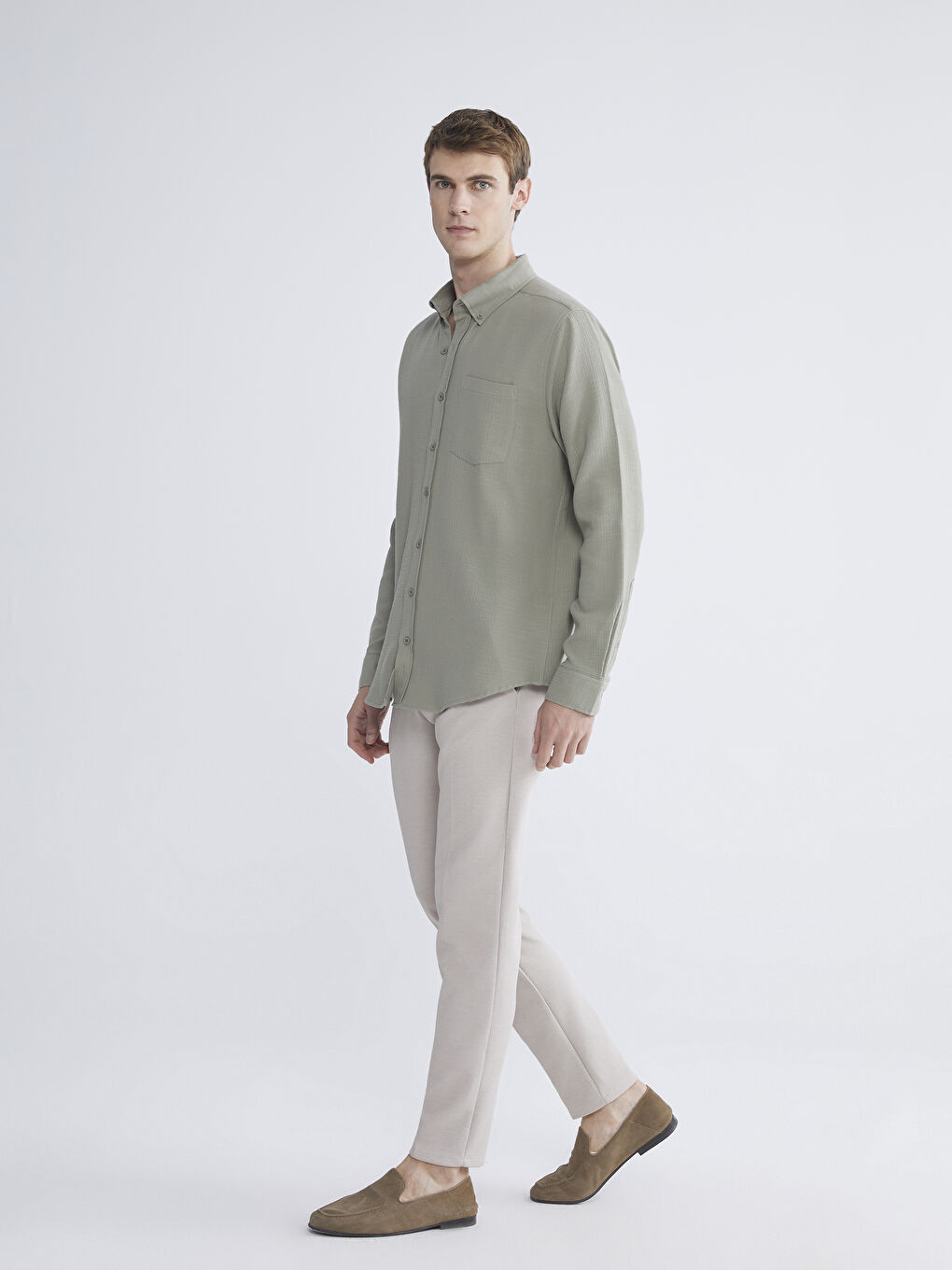 Yeşil Regular Fit Uzun Kollu Erkek Gömlek-1