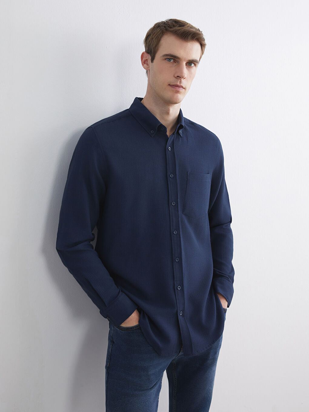 Lacivert Regular Fit Uzun Kollu Erkek Gömlek