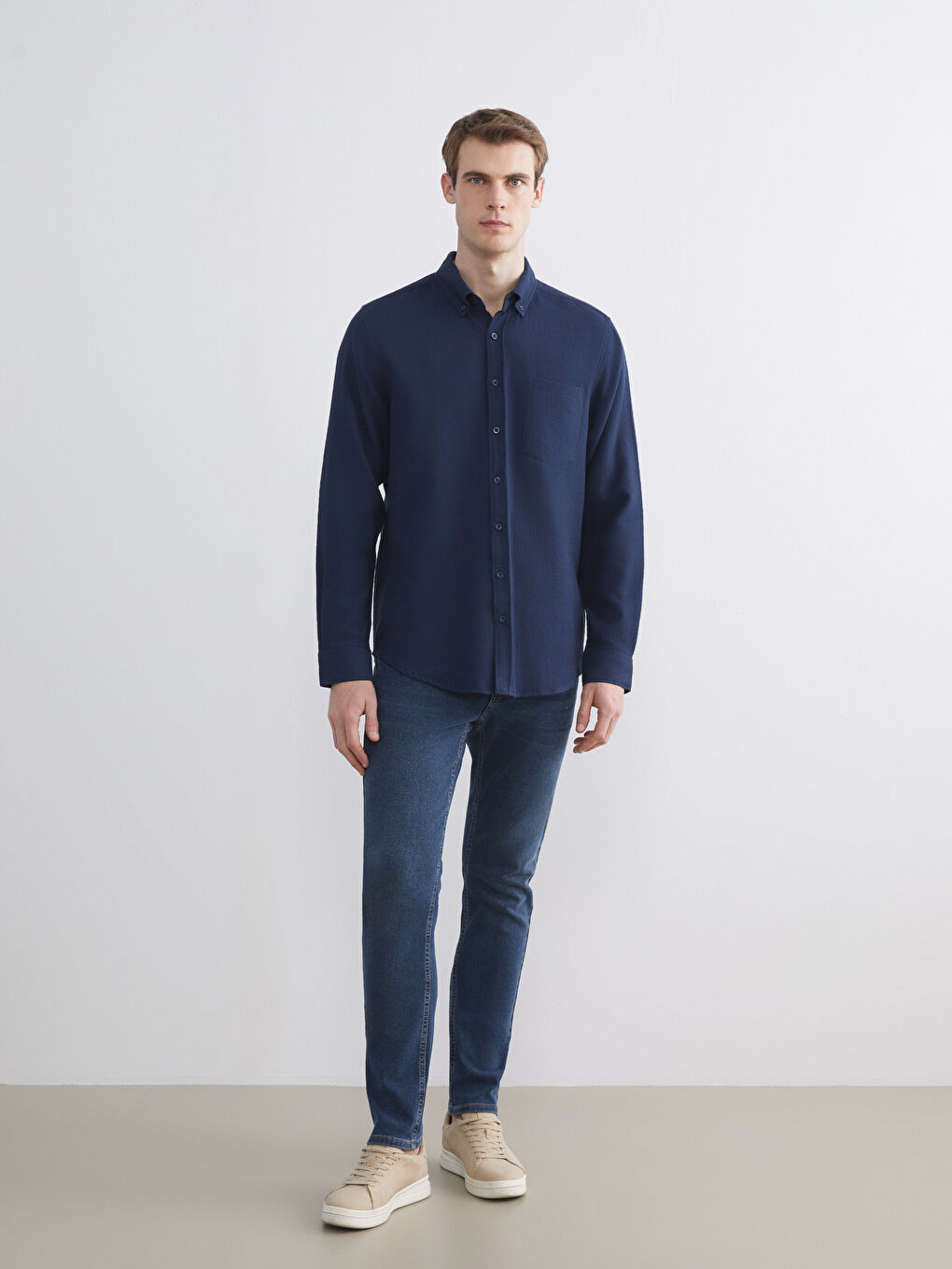 Lacivert Regular Fit Uzun Kollu Erkek Gömlek-1