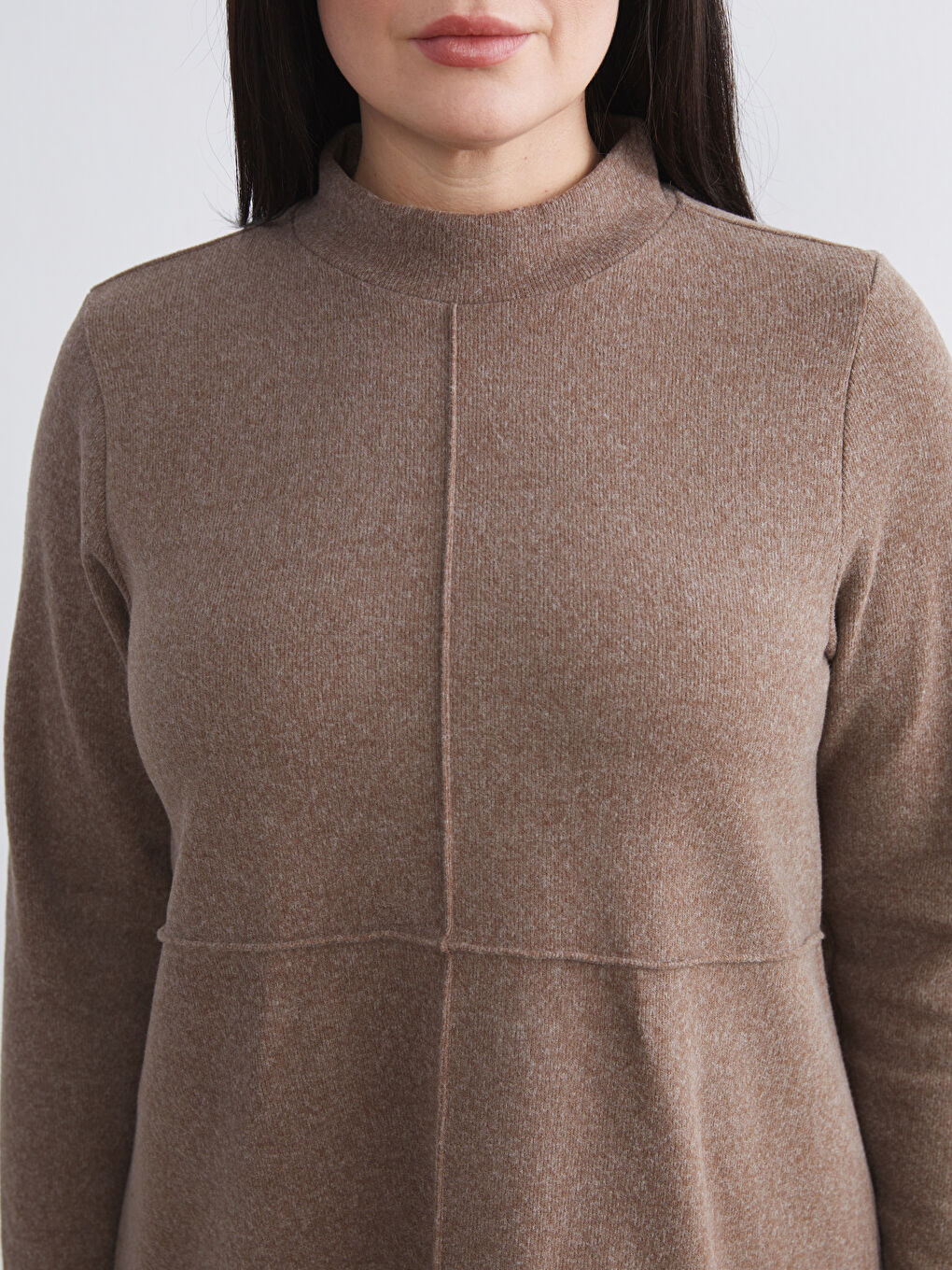 Kahverengi Büyük Beden Dik Yaka Mini Elbise-2